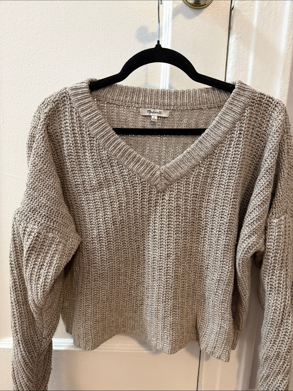 Madewell Taupe V-Neck Chunky Knit Pullover